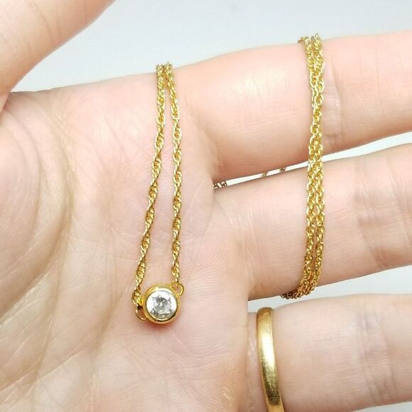 Vintage Solitaire Rhinestone Pendant Necklace, Gold Tone Chain, Minimal Sparkle - Picture 1 of 7